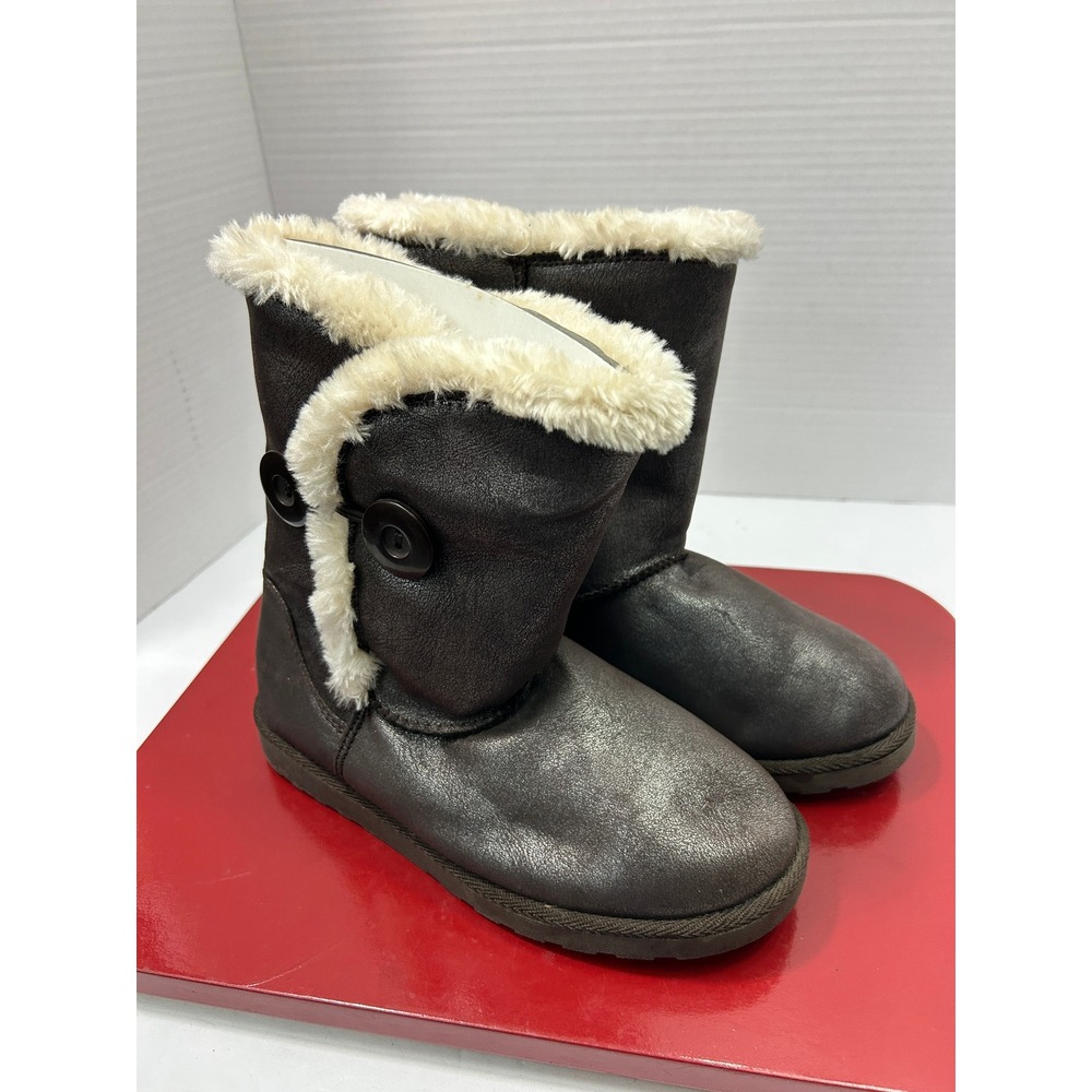SO Metallic Mid-Calf Boots 6 Pewter Faux Fur Trim Button Cozy Cabin Y2K